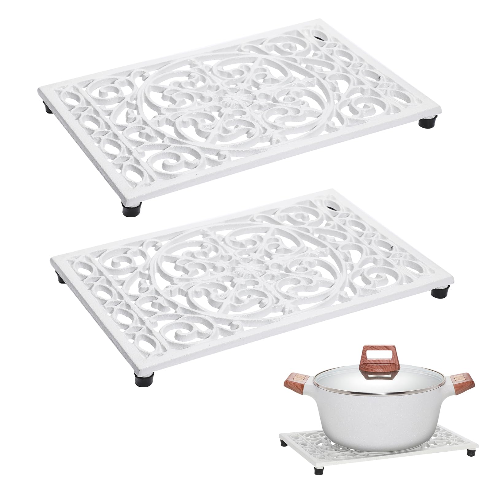 Sumnacon trivet rectangular de hierro fundido blanco protege encimeras con estilo.