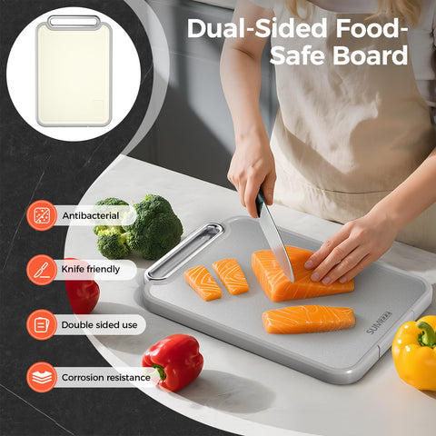 Sumzzz superficie antideslizante ofrece base estable al cortar carne o verduras.