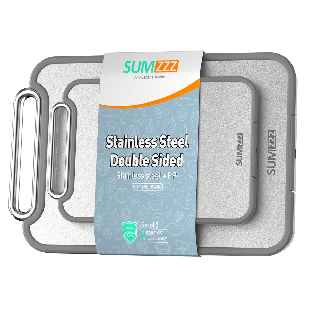 Sumzzz tabla-corte-doble-cara de acero inoxidable para alimentos listos y seguros.