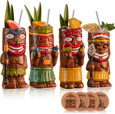 SUN GKOTTA juego tazas tiki cerámicas, acabado brillante, ideales para cócteles tropicales.