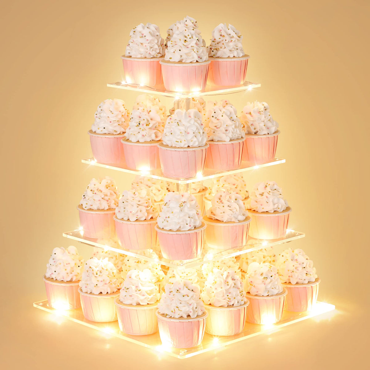 Suneerplay exhibidor de cupcakes con iluminación para fiesta elegante.