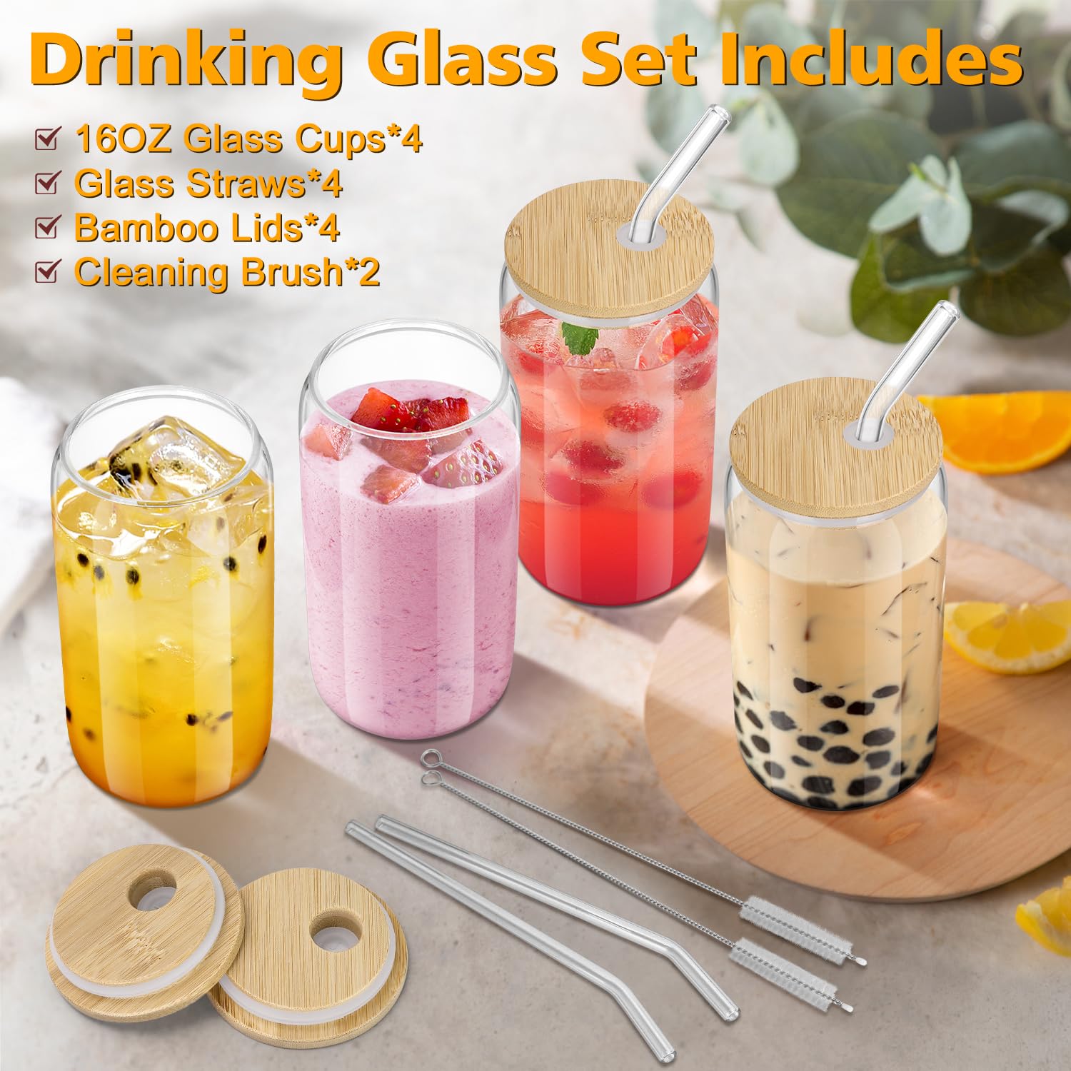 Vaso Sungwoo de vidrio transparente con tapa de bambú para conservar frescura