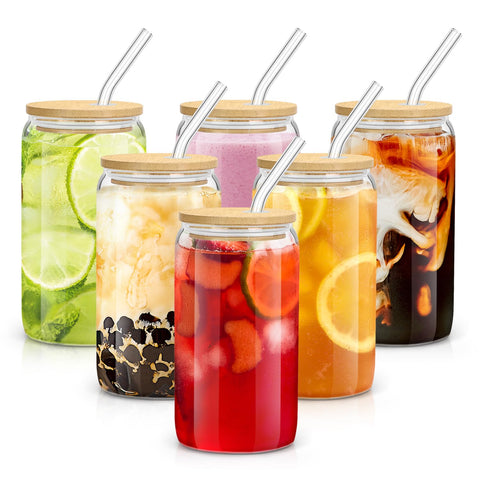 Copa Sungwoo de vidrio con tapa de bambú, conjunto de 6 para bebidas variadas