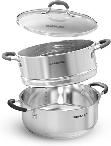 Sunhouse Olla Vaporera de dos niveles para verduras al vapor y comidas ligeras