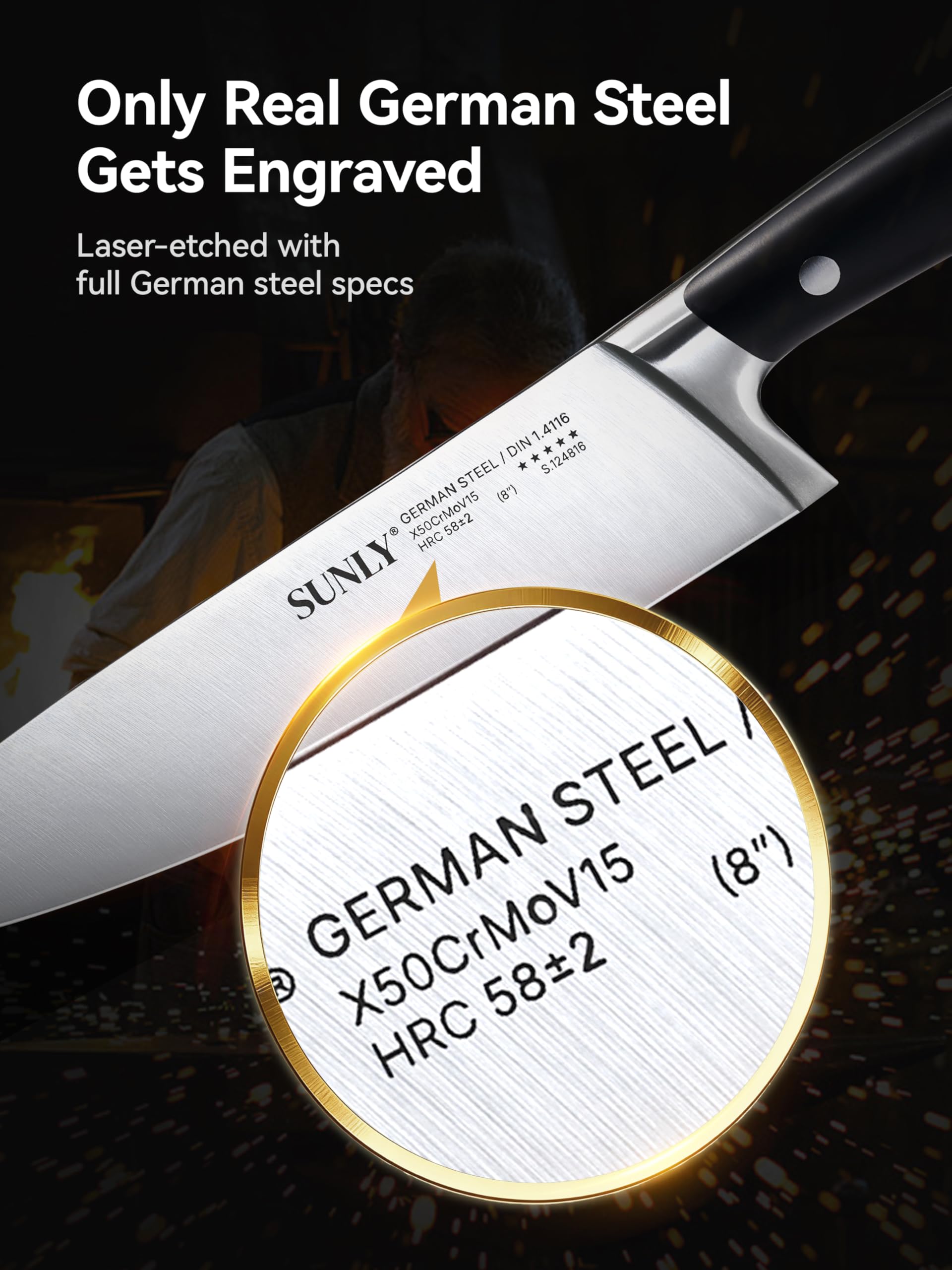 SUNLY cuchillo chef 8 pulgadas con mango antideslizante, manejo seguro incluso mojado.