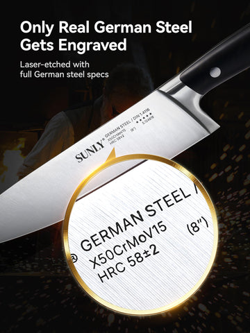 SUNLY cuchillo chef 8 pulgadas con mango antideslizante, manejo seguro incluso mojado.
