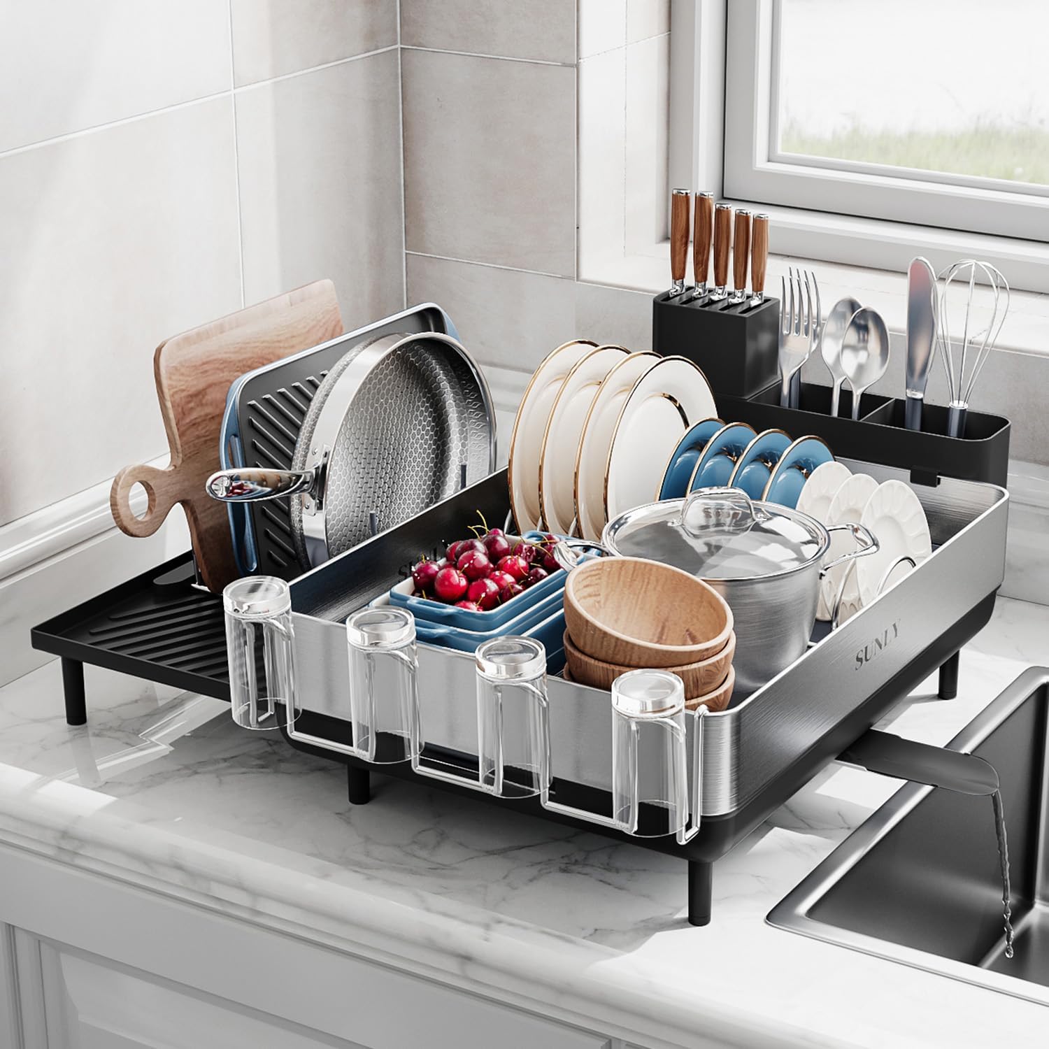 SUNLY escurridor de platos ampliable con bandeja de drenaje para mayor capacidad
