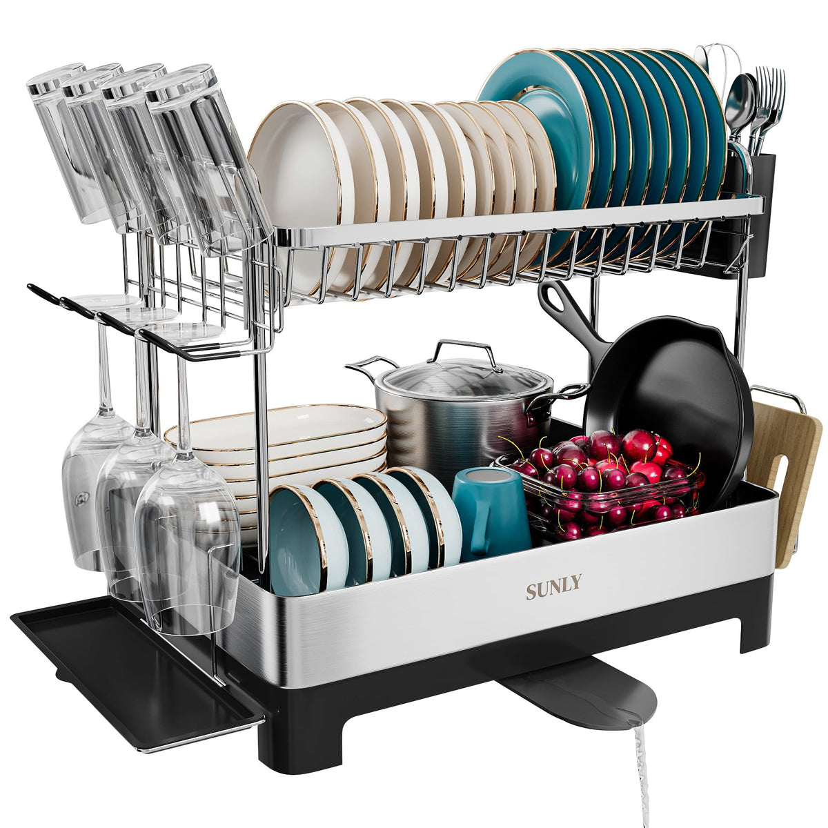 SUNLY secador de platos dos niveles, vista frontal, ideal para cocinas con alto movimiento.