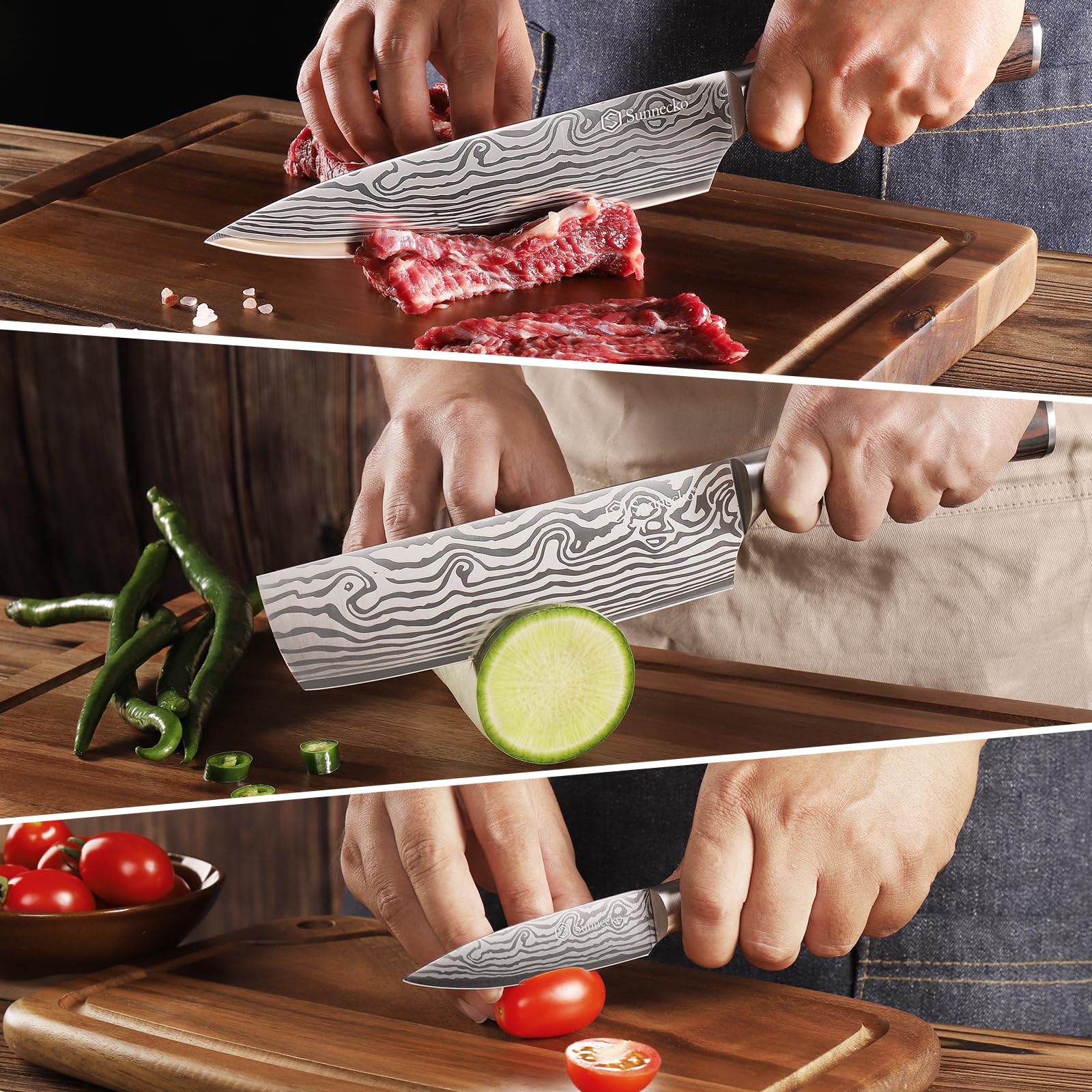 Sunnecko en cocina con verduras, cortes precisos y experiencia agradable.