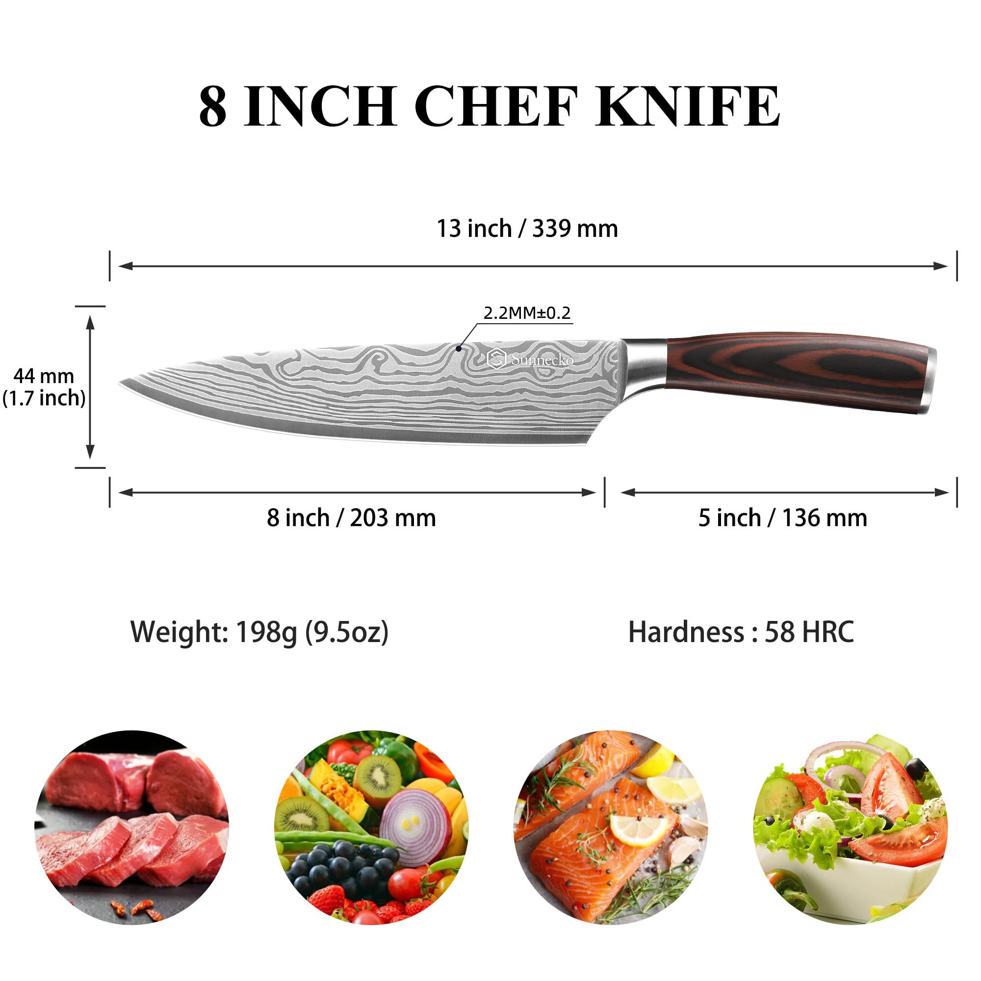 Sunnecko Cuchillo Chef 8 pulgadas con patrón láser único para estilo y durabilidad