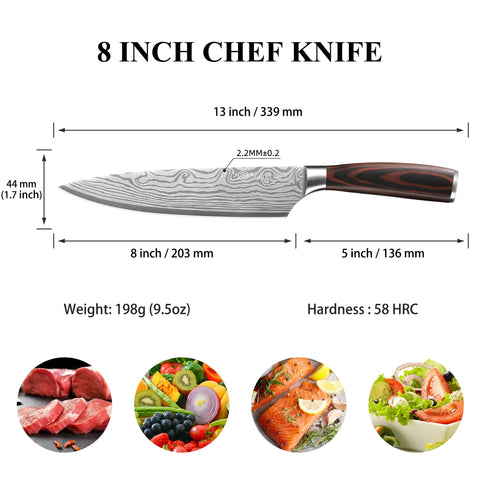 Sunnecko Cuchillo Chef 8 pulgadas con patrón láser único para estilo y durabilidad
