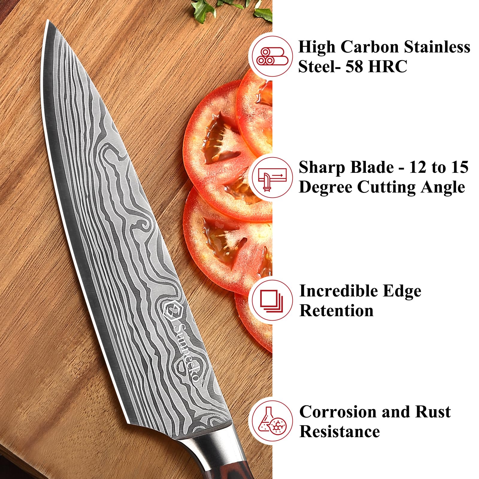 Sunnecko Cuchillo Chef 8 pulgadas refuerzo de acero para balance y control
