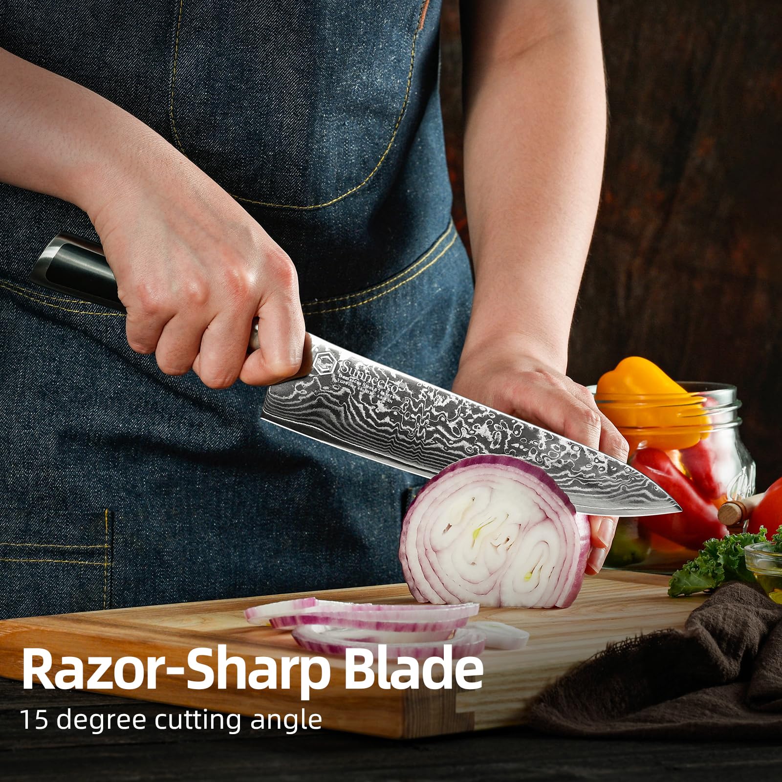 Sunnecko cuchillo chef 8 pulgadas afilado a 15 grados facilita cortes limpias.