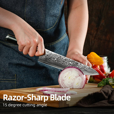 Sunnecko cuchillo chef 8 pulgadas afilado a 15 grados facilita cortes limpias.