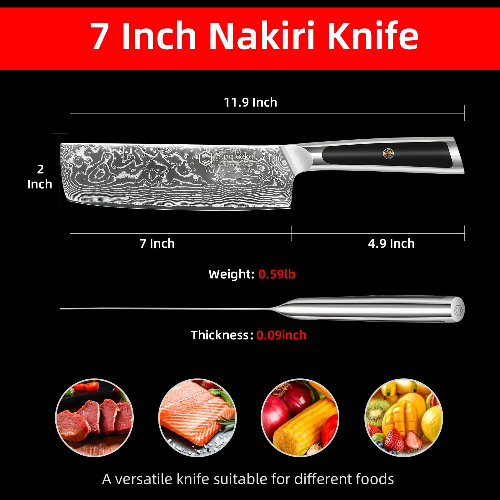 Sunnecko cuchillo damasco 7 pulgadas mango sólido reduce fatiga durante largas sesiones