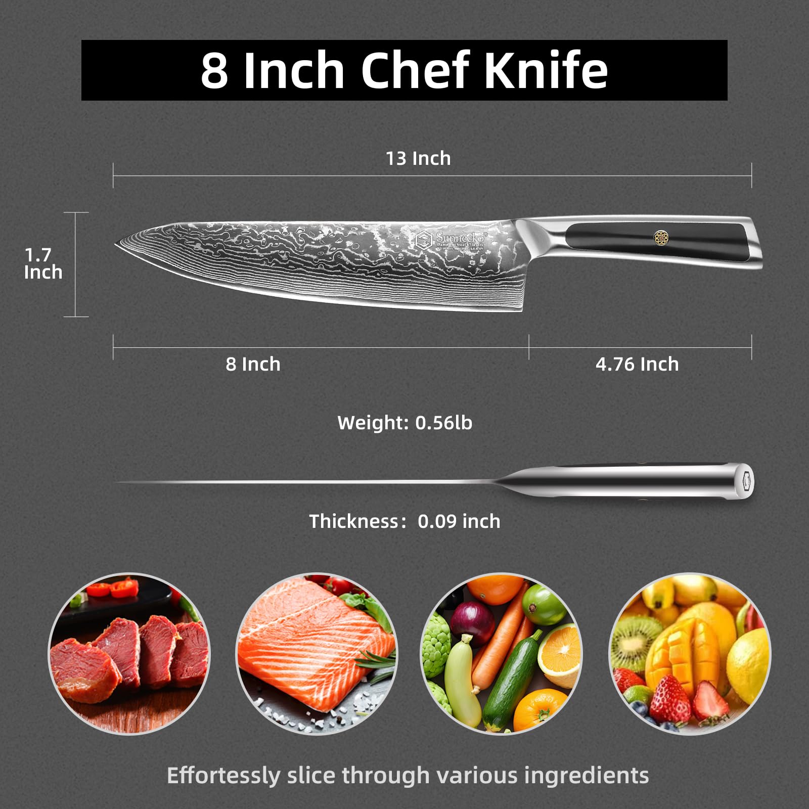Sunnecko cuchillo damasco 67 capas aporta durabilidad y filo sostenido.