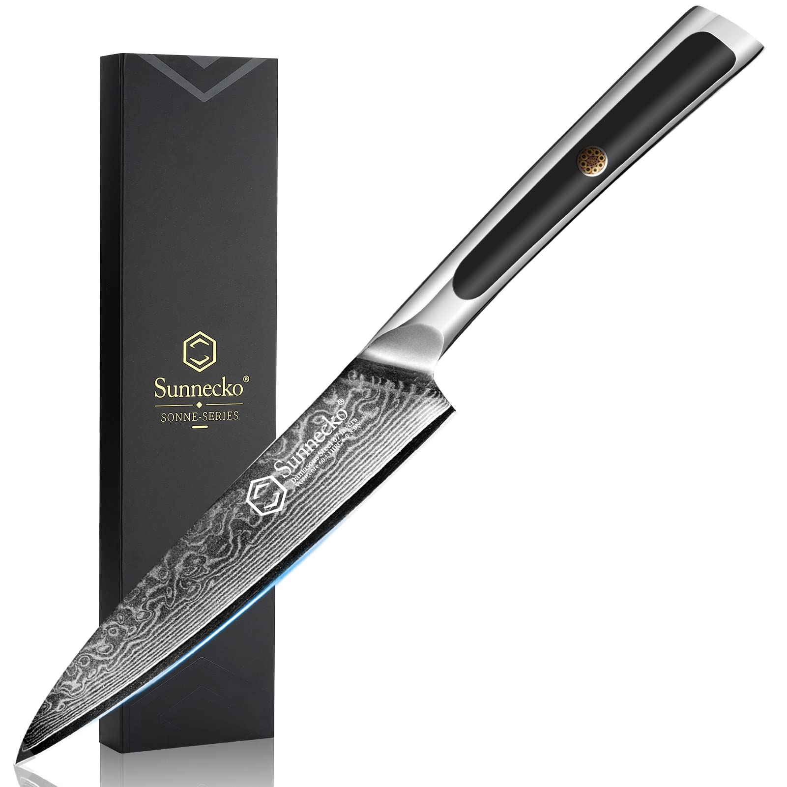 Cuchillo Sunnecko utilitario de 5 pulgadas con patrón Damascus para mayor resistencia.