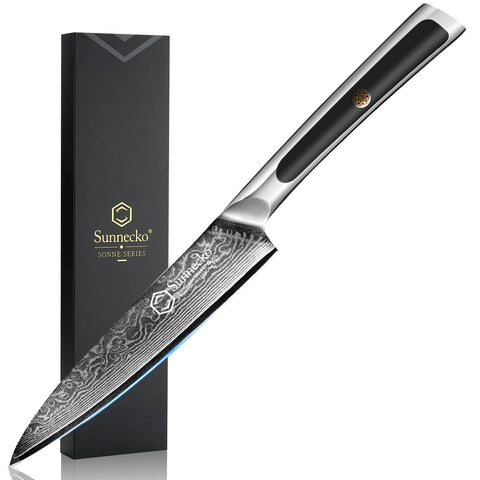 Cuchillo Sunnecko utilitario de 5 pulgadas con patrón Damascus para mayor resistencia.