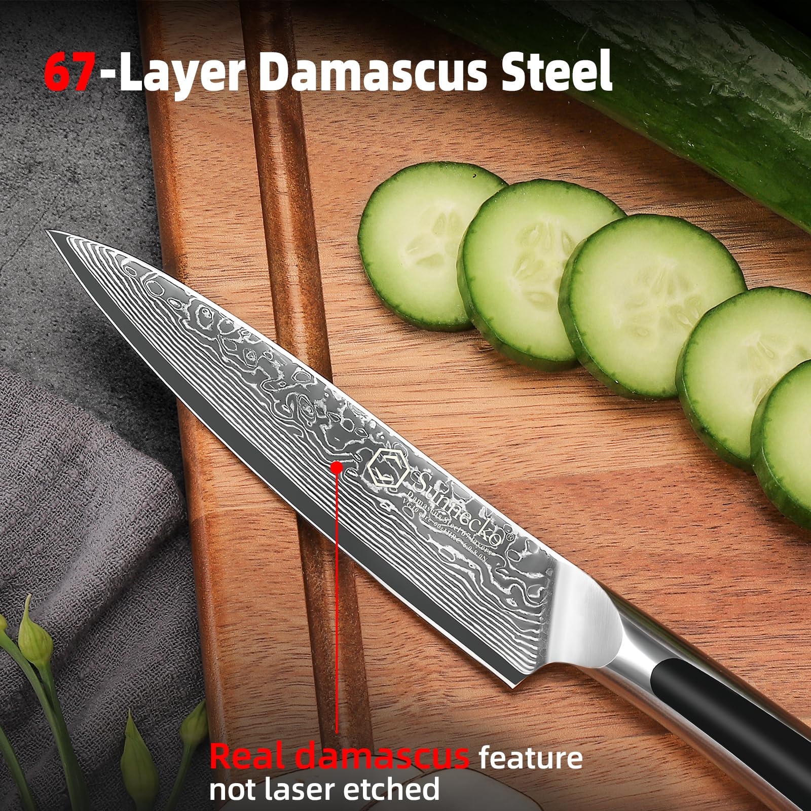 Cuchillo Sunnecko con núcleo VG10 para cortes precisos en cocina.