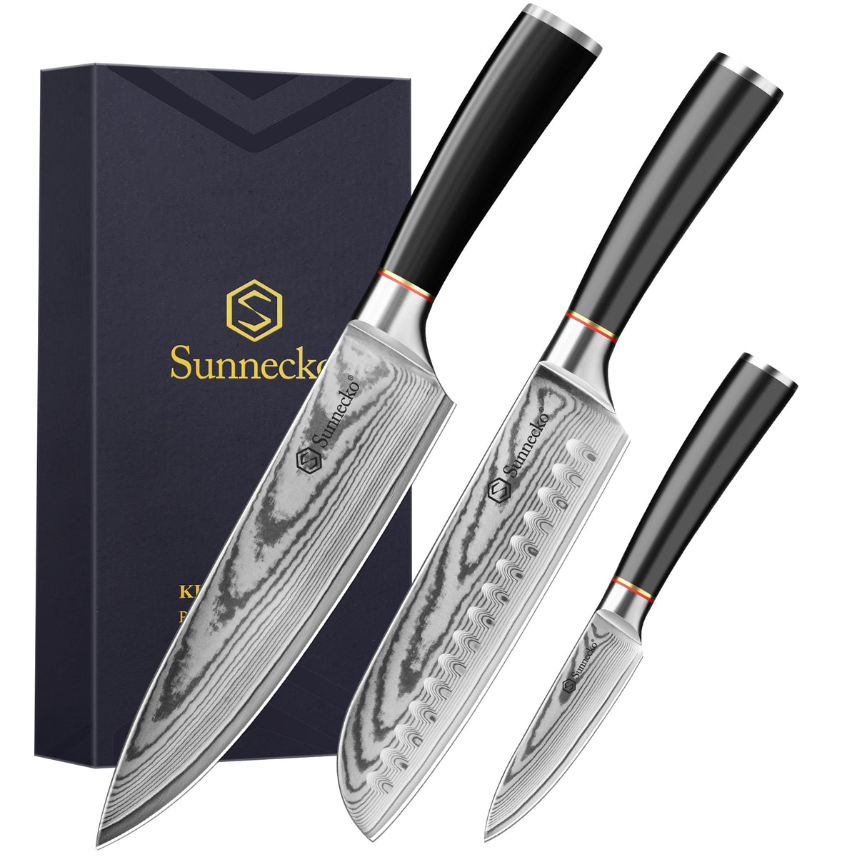 Sunnecko: conjunto de cuchillos Damascus 3 piezas para cortes precisos.