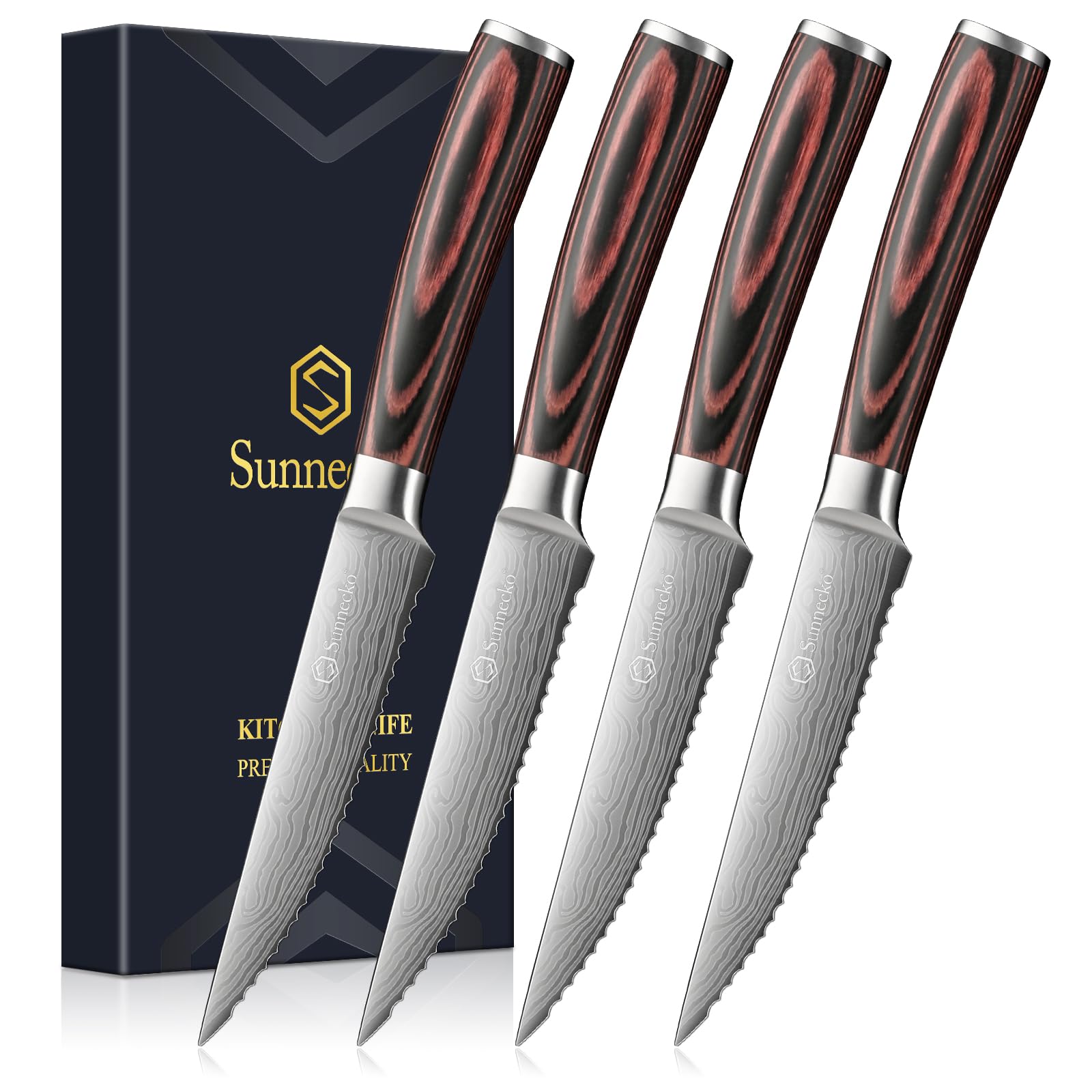 Sunnecko cuchillos de steak con mango Pakkawood para filetear con precisión.