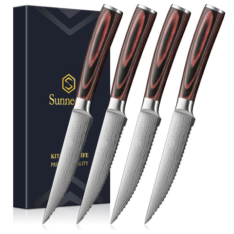 Sunnecko cuchillos de steak con mango Pakkawood para filetear con precisión.