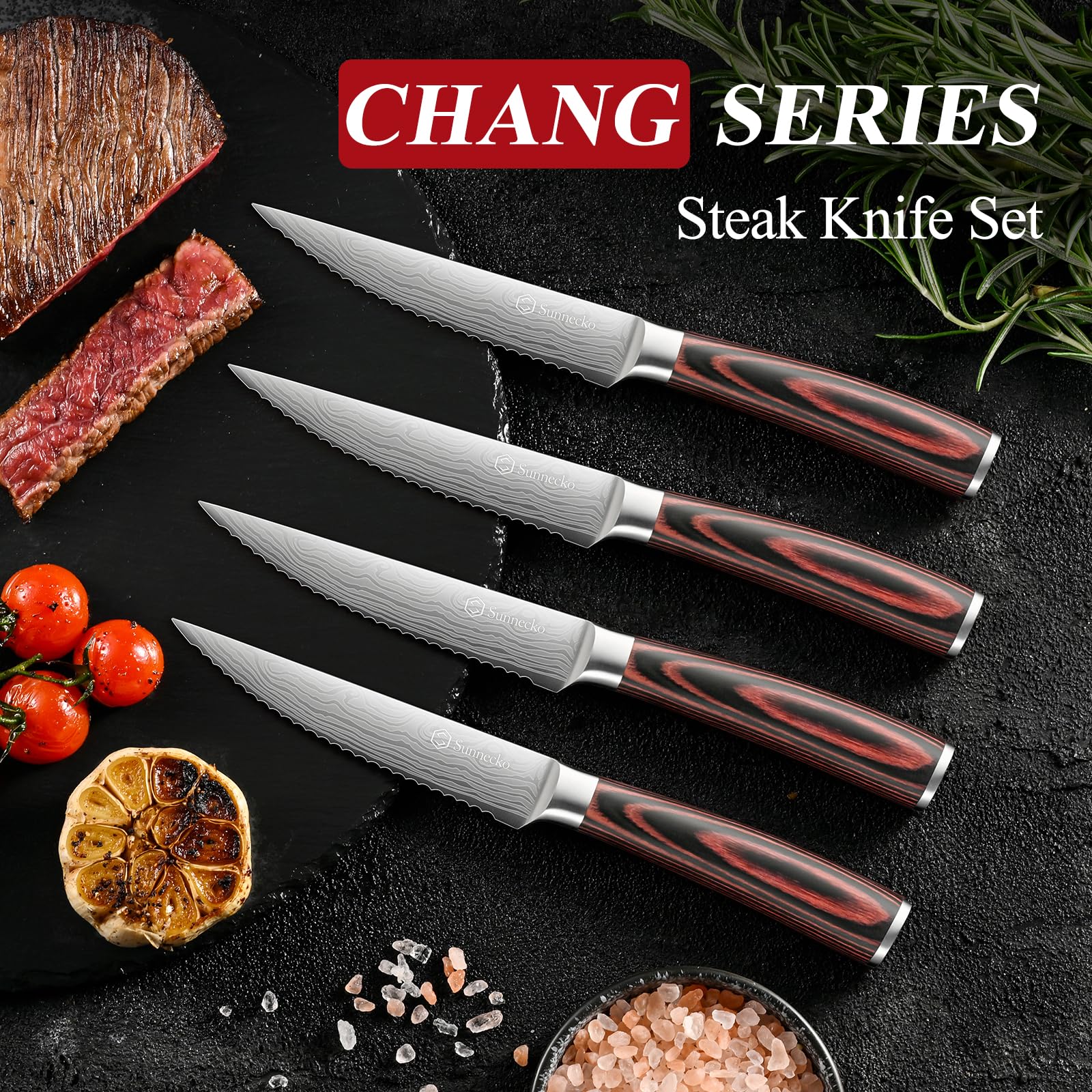 Sunnecko cuchillos de steak con filo duradero para cortes limpios.