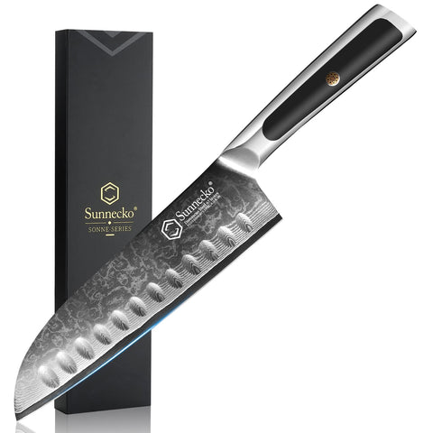 Sunnecko Santoku 7 pulgadas, hoja damasco VG-10, corte preciso.