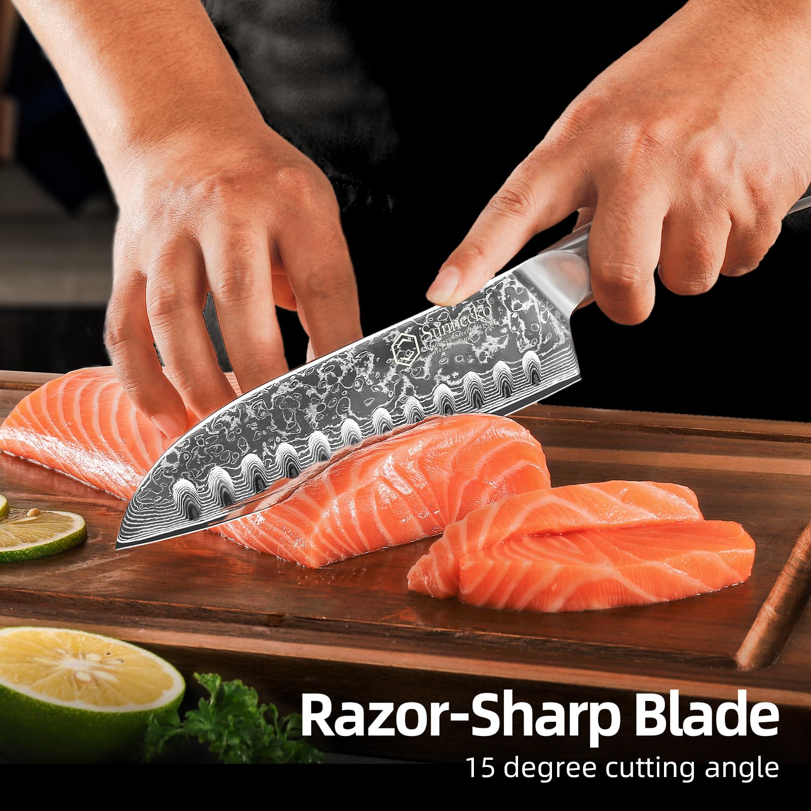Sunnecko Santoku, filo a 15 grados, cortes limpios en carnes y pescados.