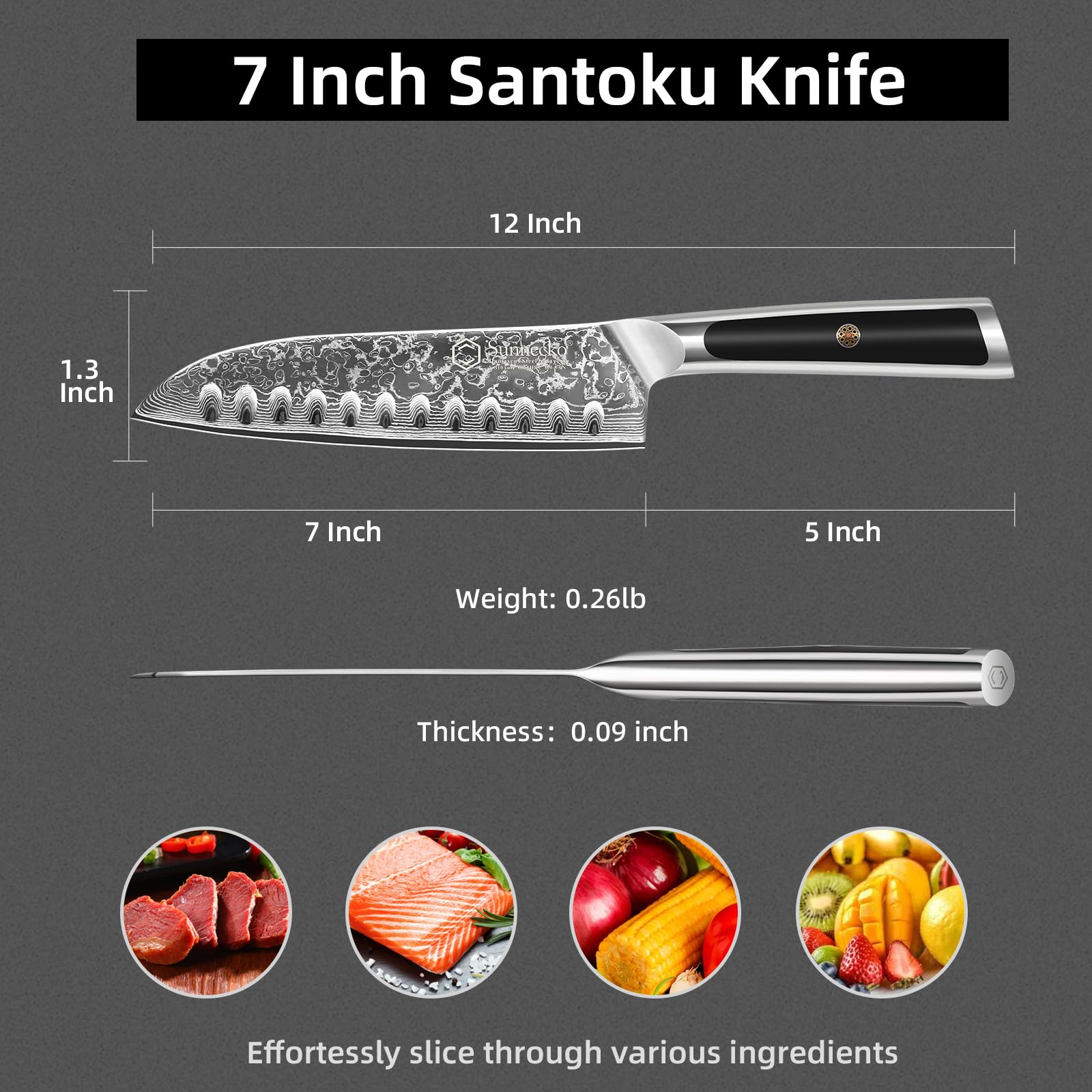 Sunnecko Santoku diseño forjado, tang completo para mayor equilibrio.