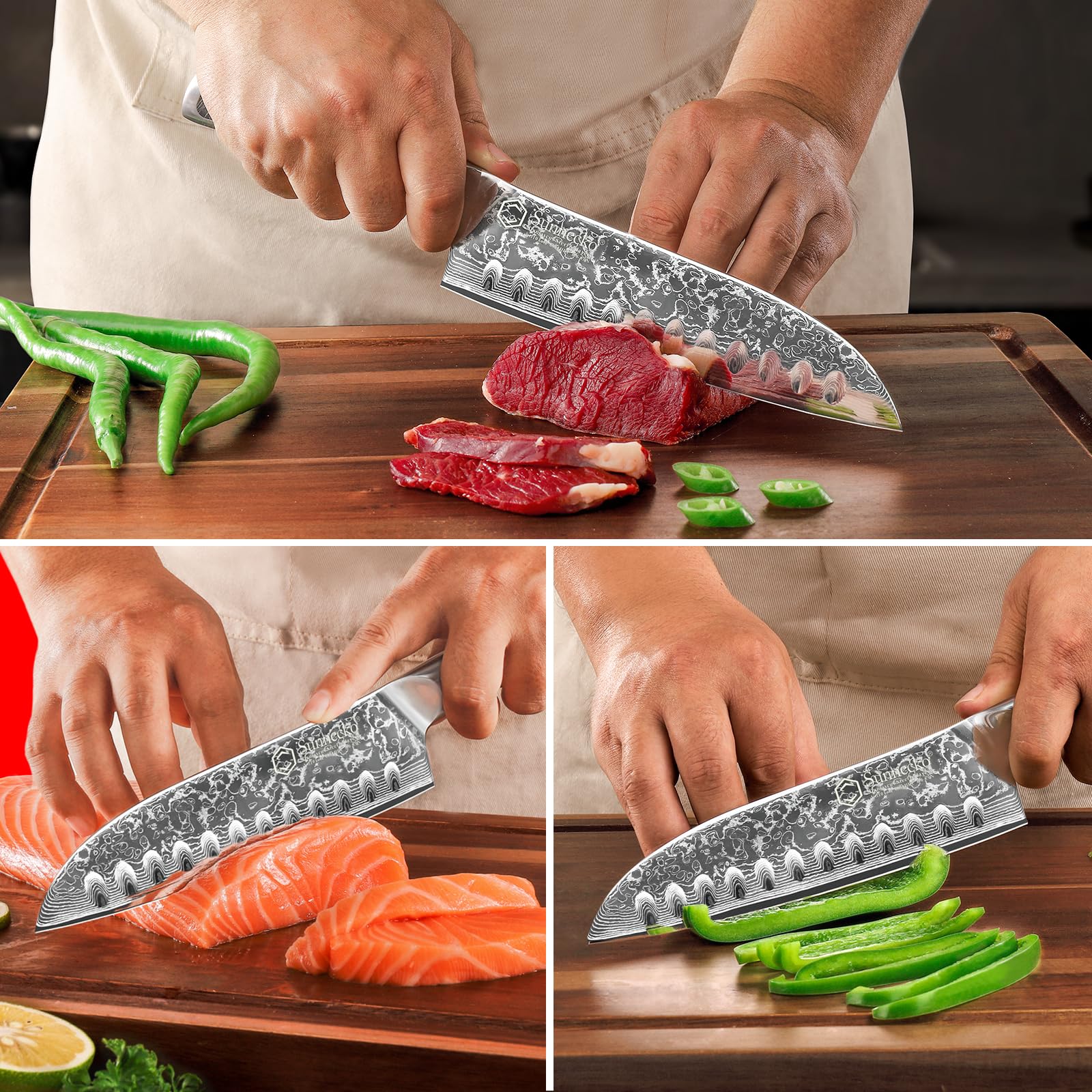 Sunnecko Santoku, patrón damasco único, añade elegancia a la cocina.