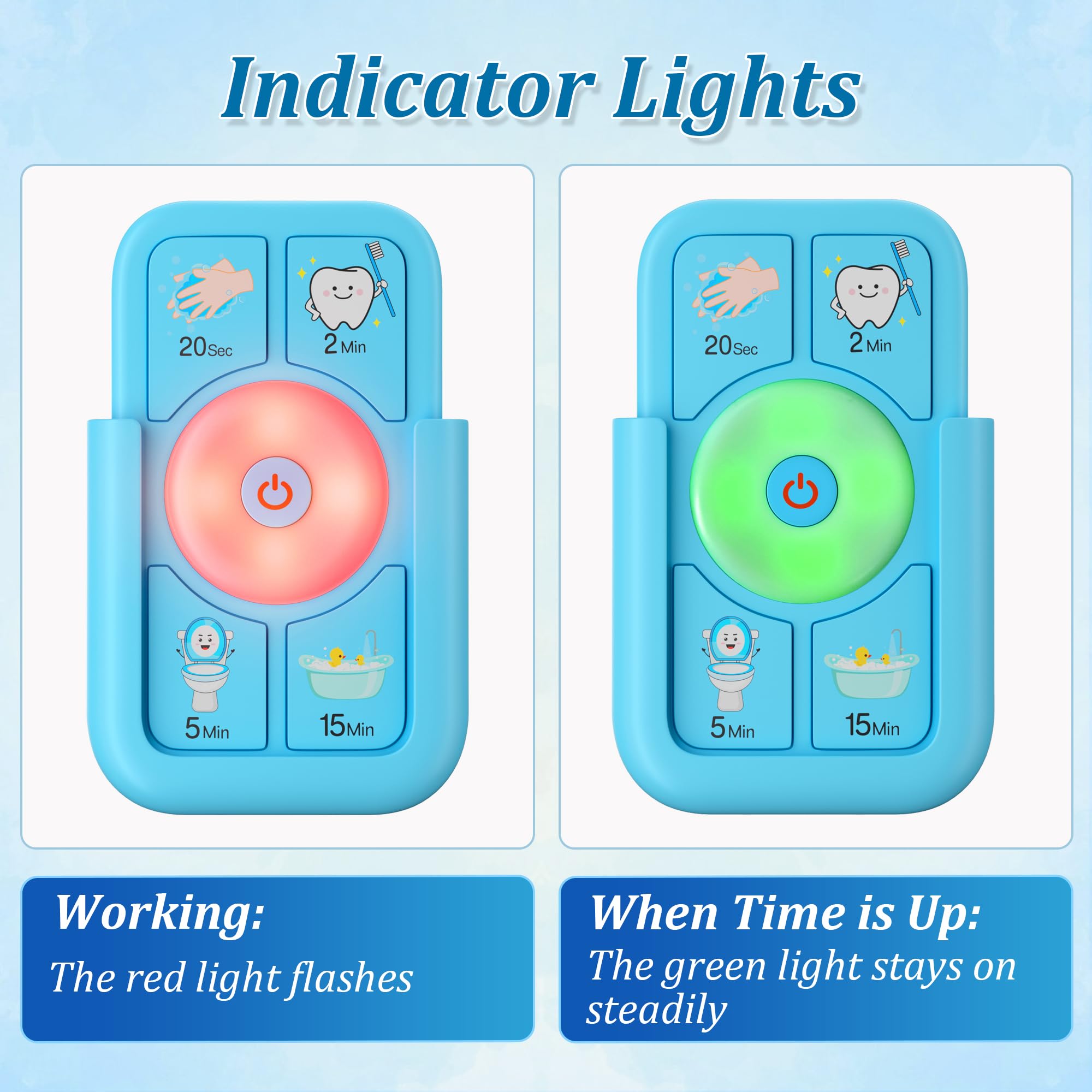 Sunnyload temporizador azul brillante con imágenes claras para lavado de manos, cepillado, inodoro y ducha.