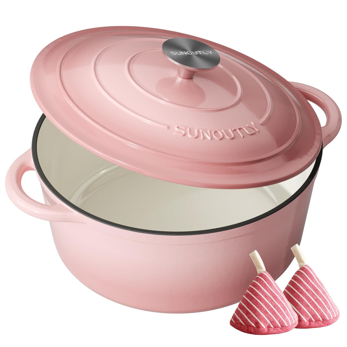 SUNOUTLY Olla de hierro esmaltado 6QT con tapa para sellado de sabor y cocción uniforme