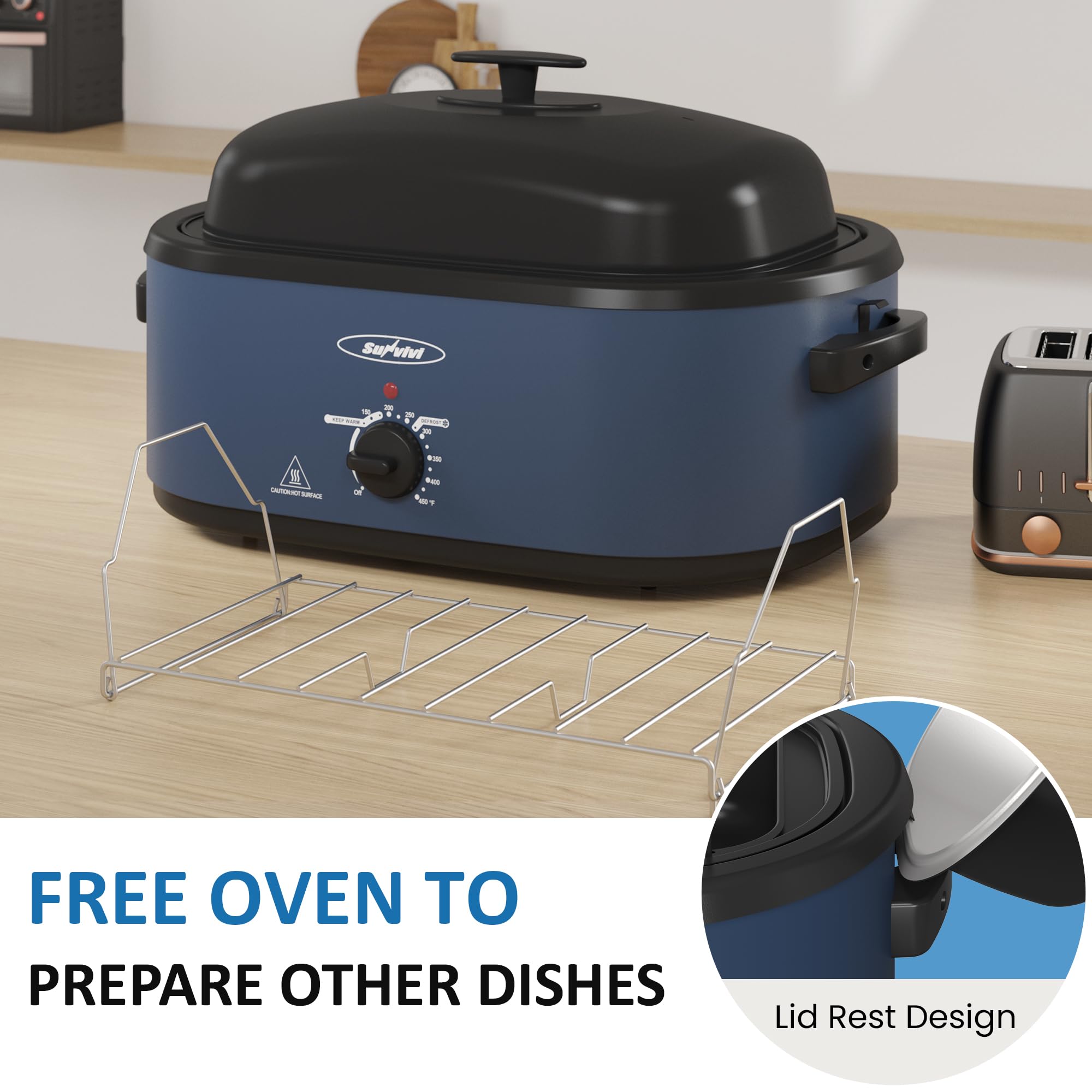 Sunvivi Horno Asador 20QT con rejilla desmontable facilita manejo del pavo y comidas.
