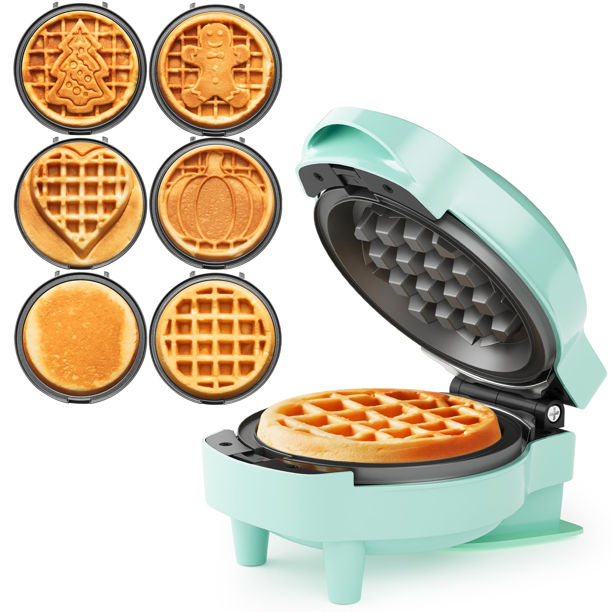 Sunvivi mini máquina de gofres, diseño azul claro, compacto para desayunos rápidos