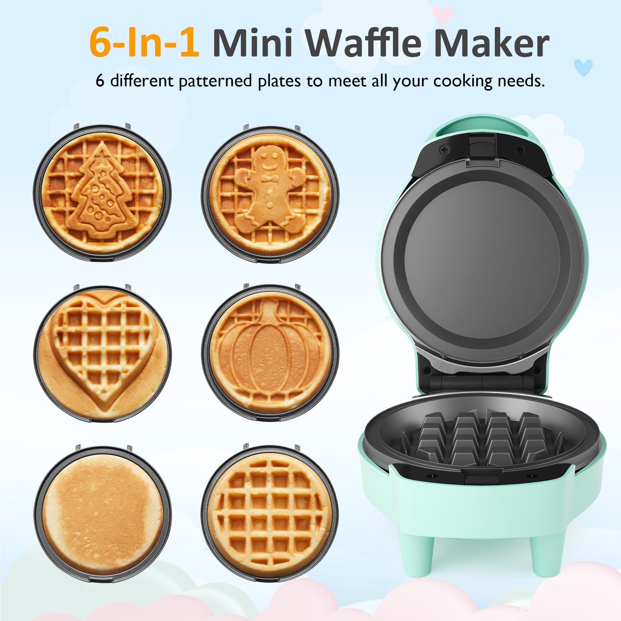 Sunvivi mini máquina de gofres con placas removibles, fácil de limpiar