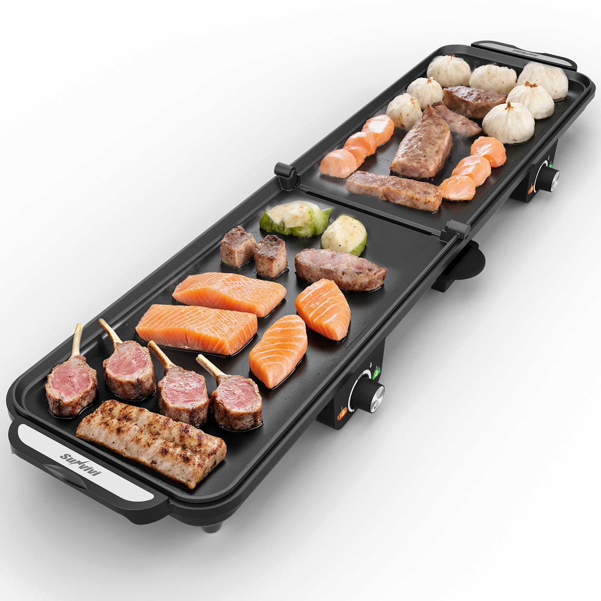 Sunvivi plancha eléctrica dos zonas para cocinar simultáneamente diferentes ingredientes.