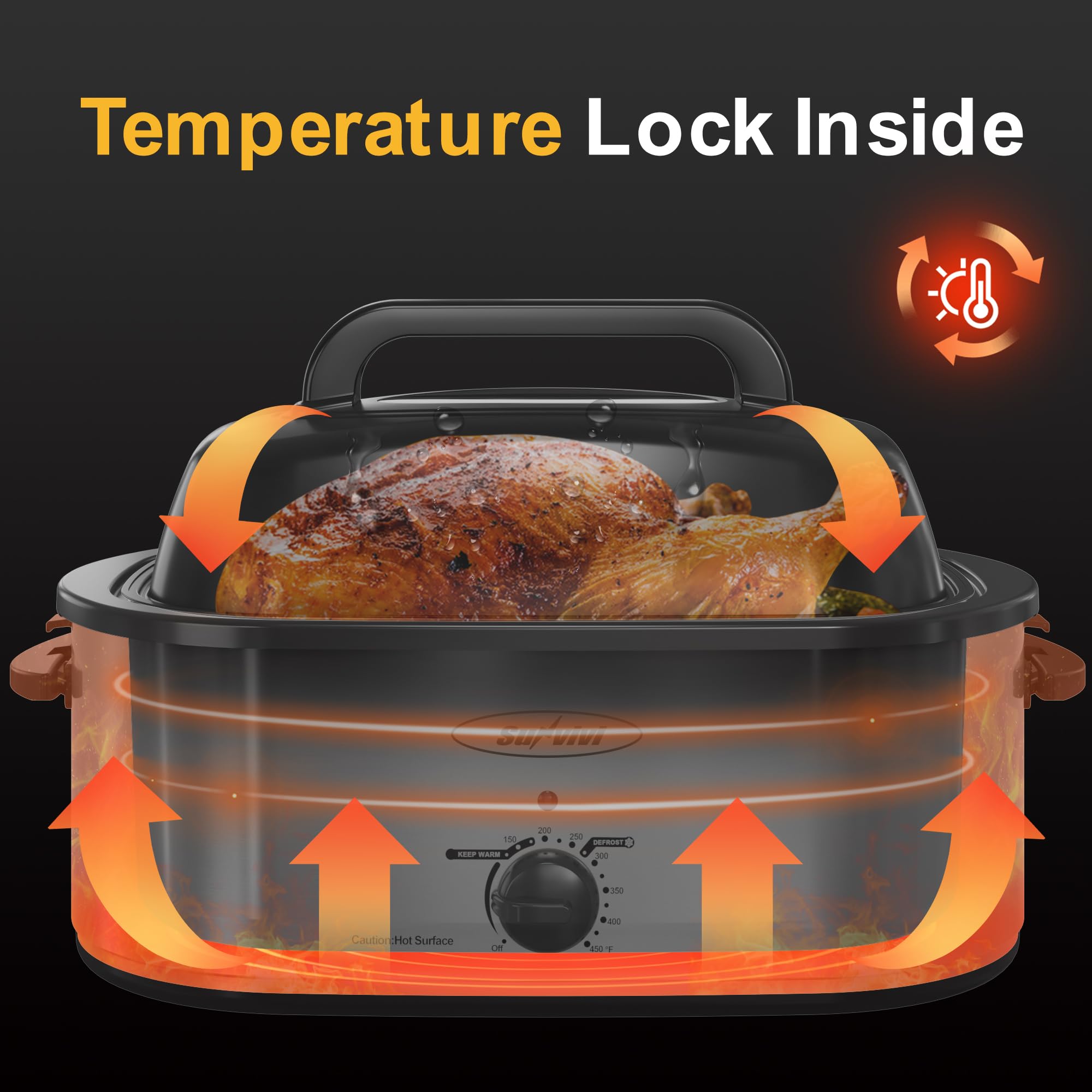 SUNVIVI Horno asador con bandeja desmontable esmaltada para limpieza rápida.