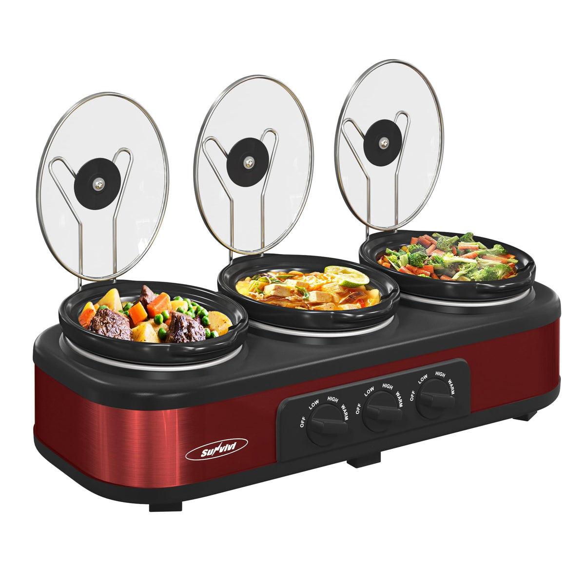 SUNVIVI triple-cazuelas-lento-servidor-buffet-rojo ideal para servir tres platos a la vez.