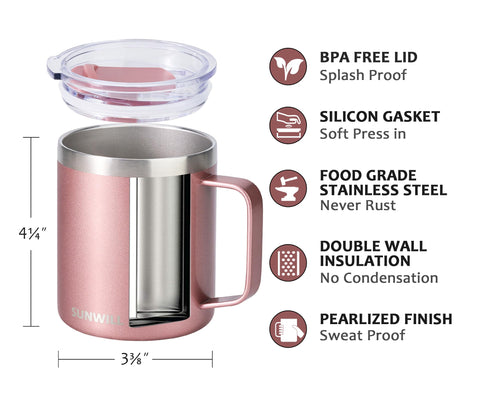 SUNWILL Taza de acero inoxidable 18/8 de 14 onzas, duradera y libre de óxido.