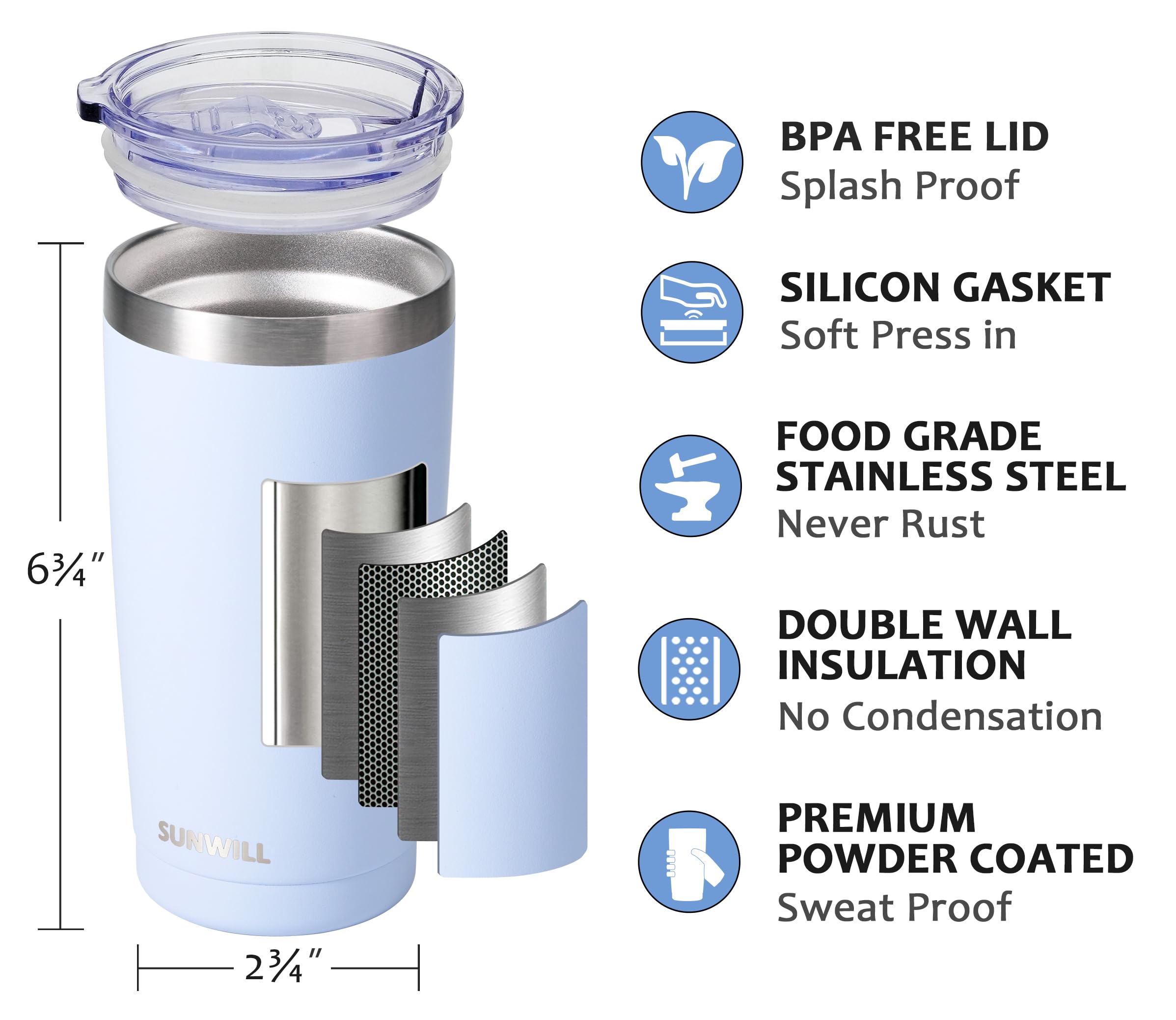 SUNWILL aislamiento de doble pared, mantiene bebidas a buena temperatura.