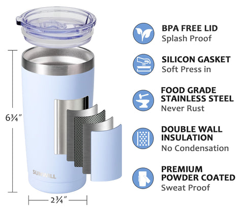 SUNWILL aislamiento de doble pared, mantiene bebidas a buena temperatura.