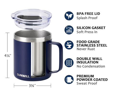 SUNWILL taza con mango ergonómico, cómodo para llevar en viajes y trabajo