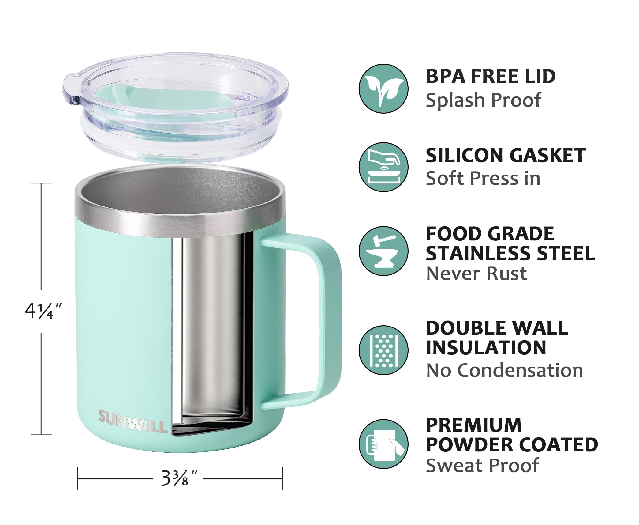 SUNWILL Taza de viaje con asa menta, cómoda para llevar bebidas a cualquier lugar.