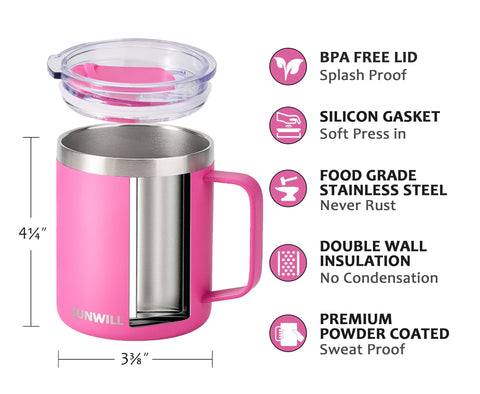 SUNWILL tazas de acero inoxidable 18/8 para llevar, duraderas y fáciles de limpiar.