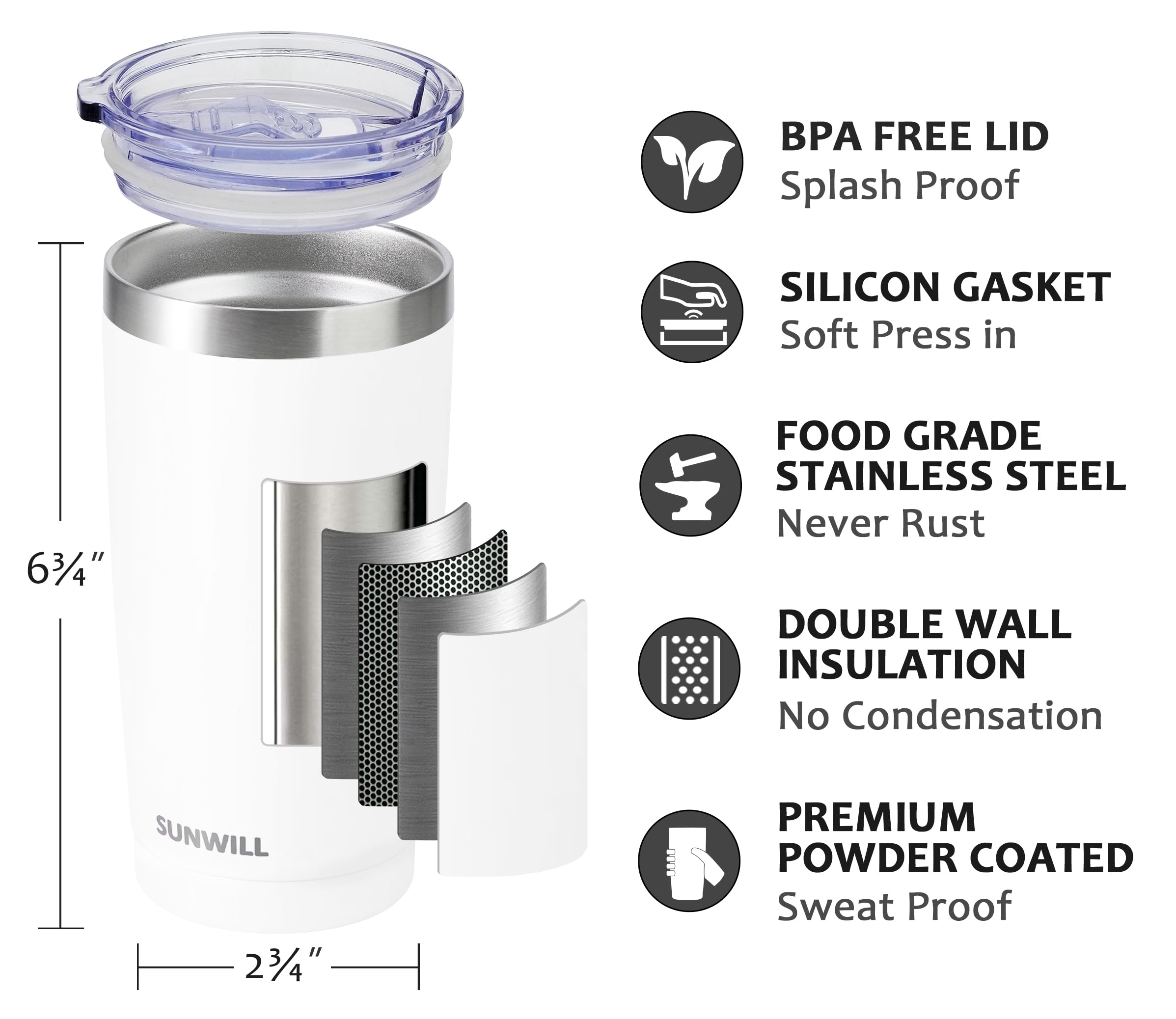 SUNWILL vaso acero 304 de doble pared mantiene bebidas calientes o frías