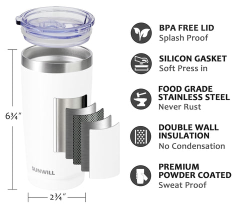 SUNWILL vaso acero 304 de doble pared mantiene bebidas calientes o frías