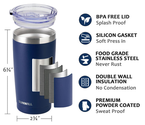 SUNWILL vaso aislado 20 oz acero inoxidable 304; conserva bebidas frías