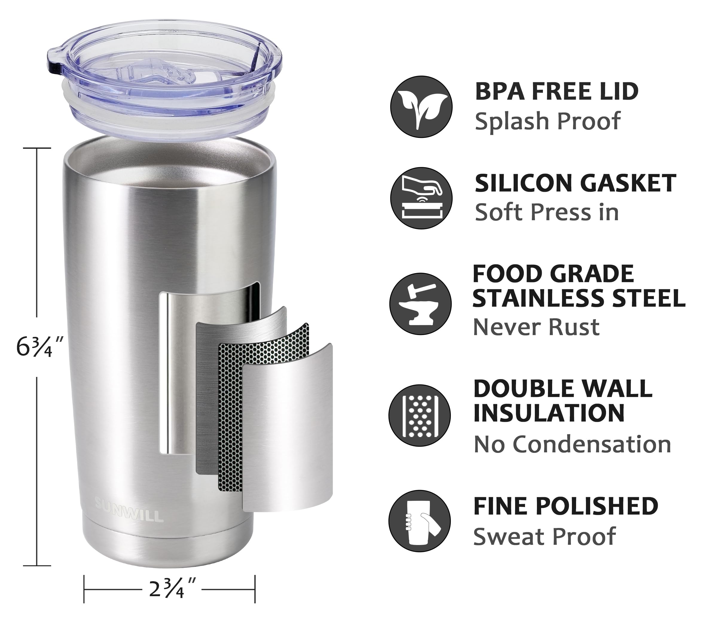 SUNWILL vaso aislamiento doble pared 304 acero inoxidable, mantiene bebidas a temperatura estable.