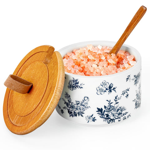 Recipiente SUOWEEI de sal cerámica azul y blanco con tapa y cuchara para la encimera.